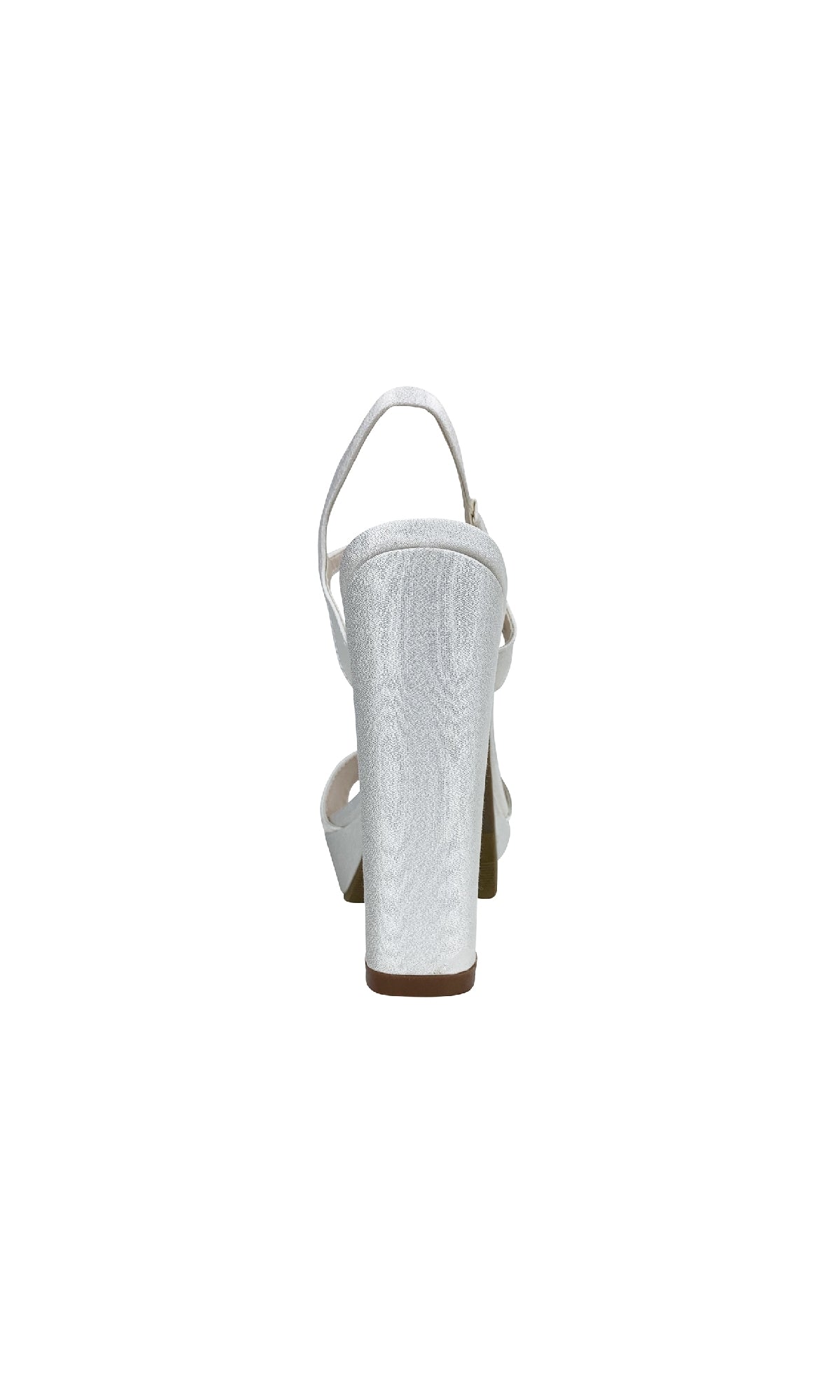 Rear view of a single Whitta White Crepe Prom Shoe (Dyeables 4350) featuring a high heel, ankle strap, and buckle closure, displayed against a plain white background.
